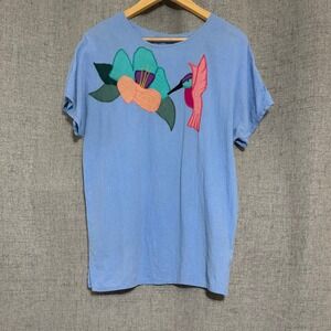 Vintage Alfredos Wife Top Women XS Blue Oversized Embroidered Bird Applique
